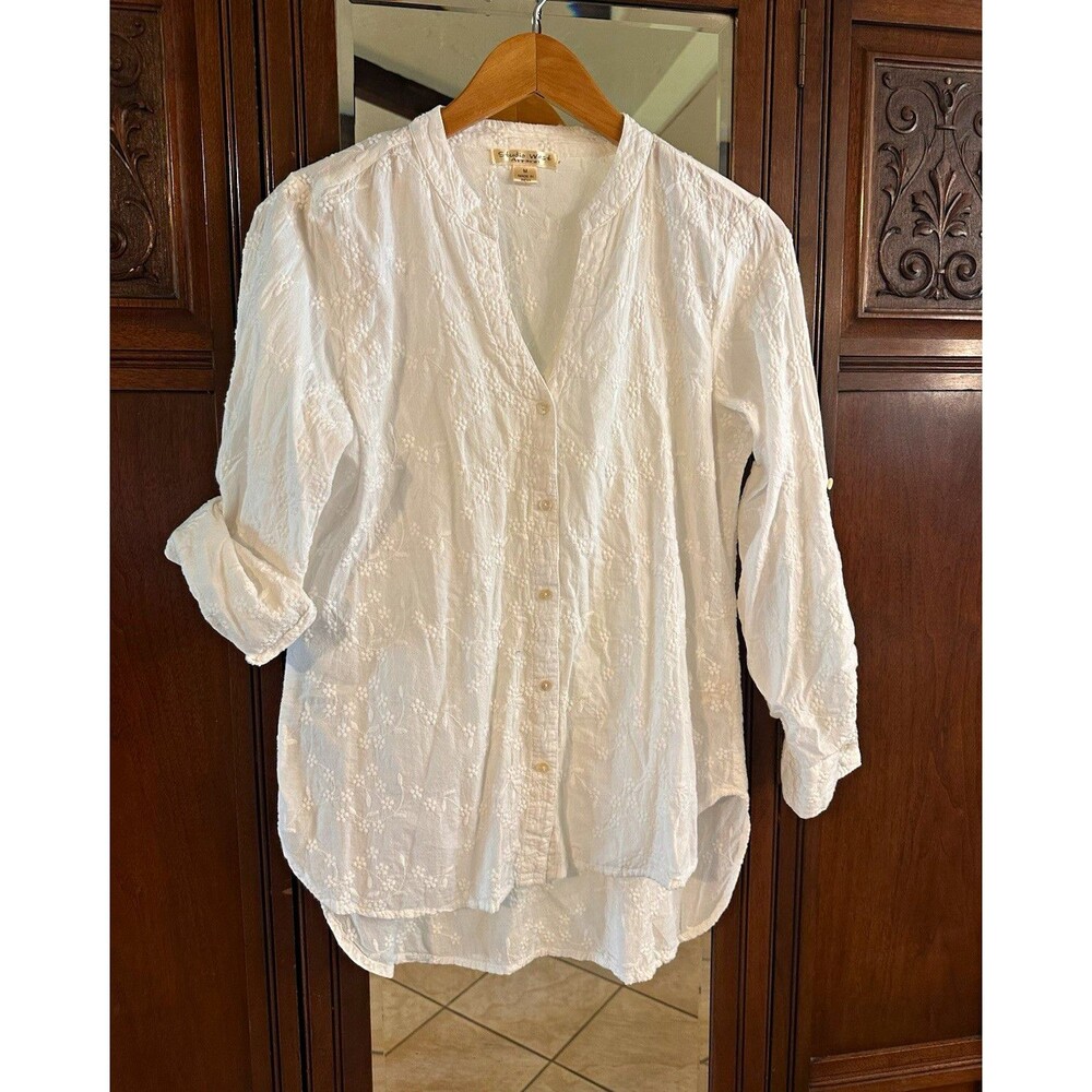 Studio West Apparel White Embroidered Blouse Button Down Top Womens Medium India